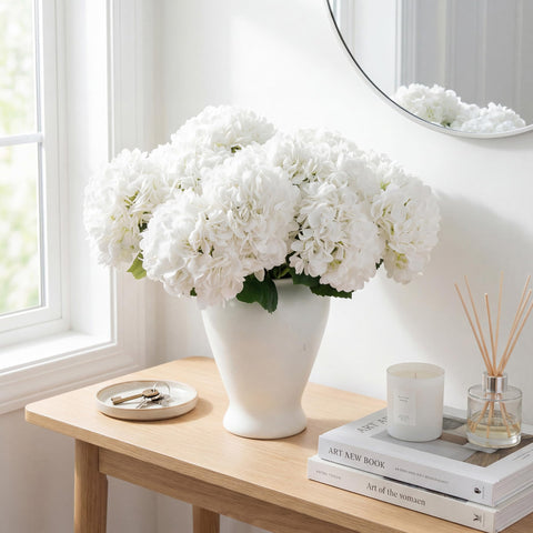 PARTY JOY hydrangea stem detail with green leaves and realistic texture