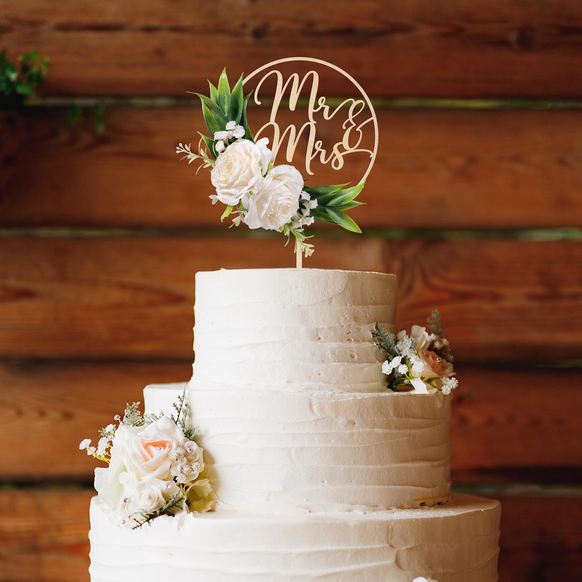 Party to Be topper with green leaves and 3D satin flowers for cake depth