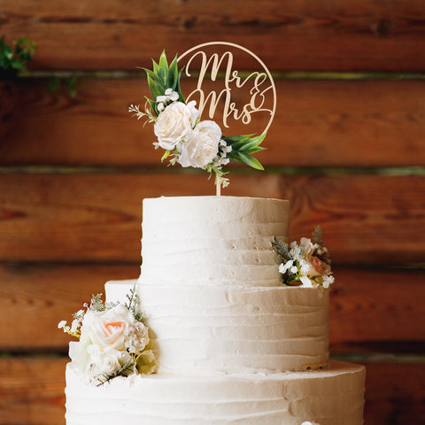 Party to Be topper with green leaves and 3D satin flowers for cake depth