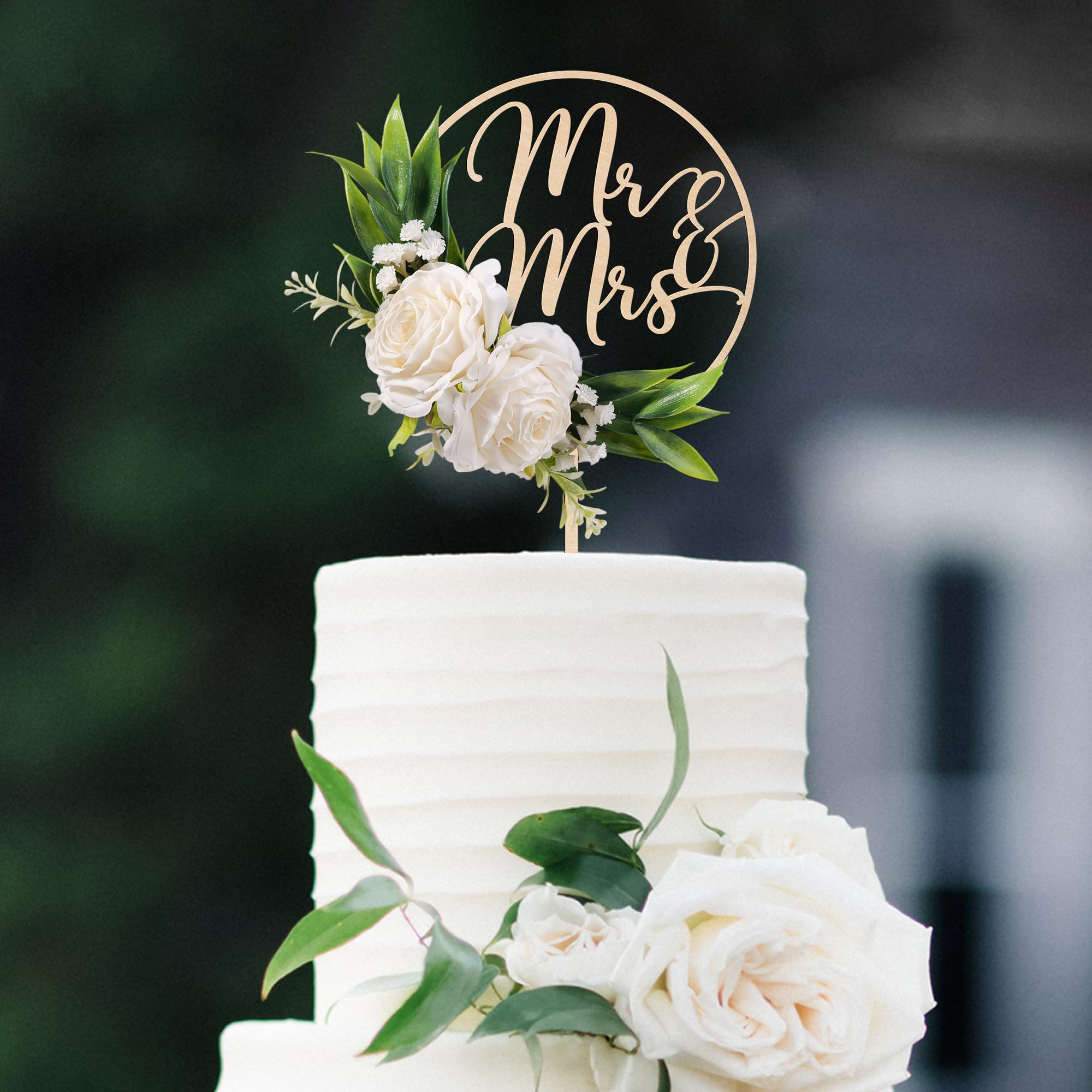 Party to Be Mr & Mrs wooden cake topper with natural base for timeless wedding charm