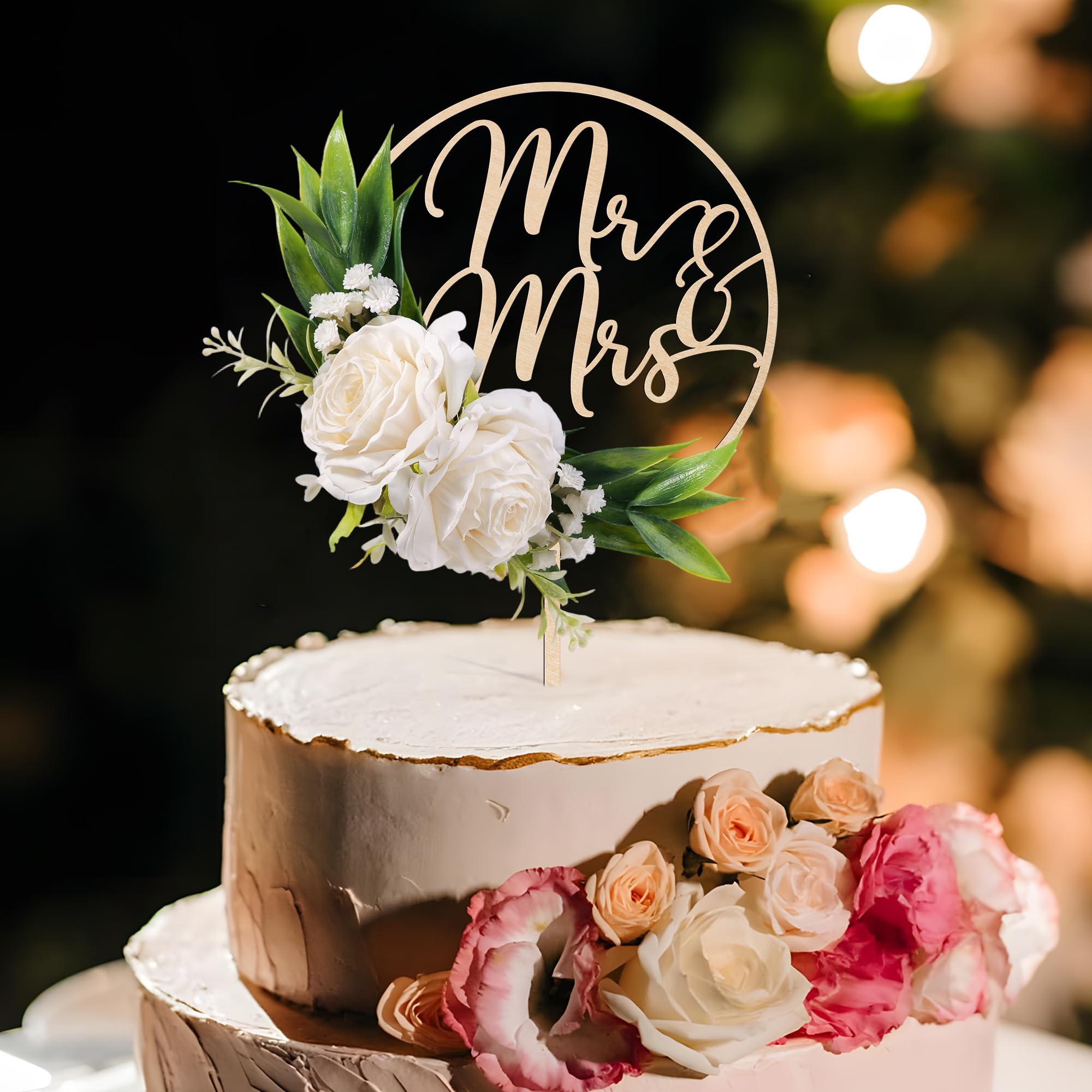 Party to Be wooden cake topper featuring handcrafted 3D white roses