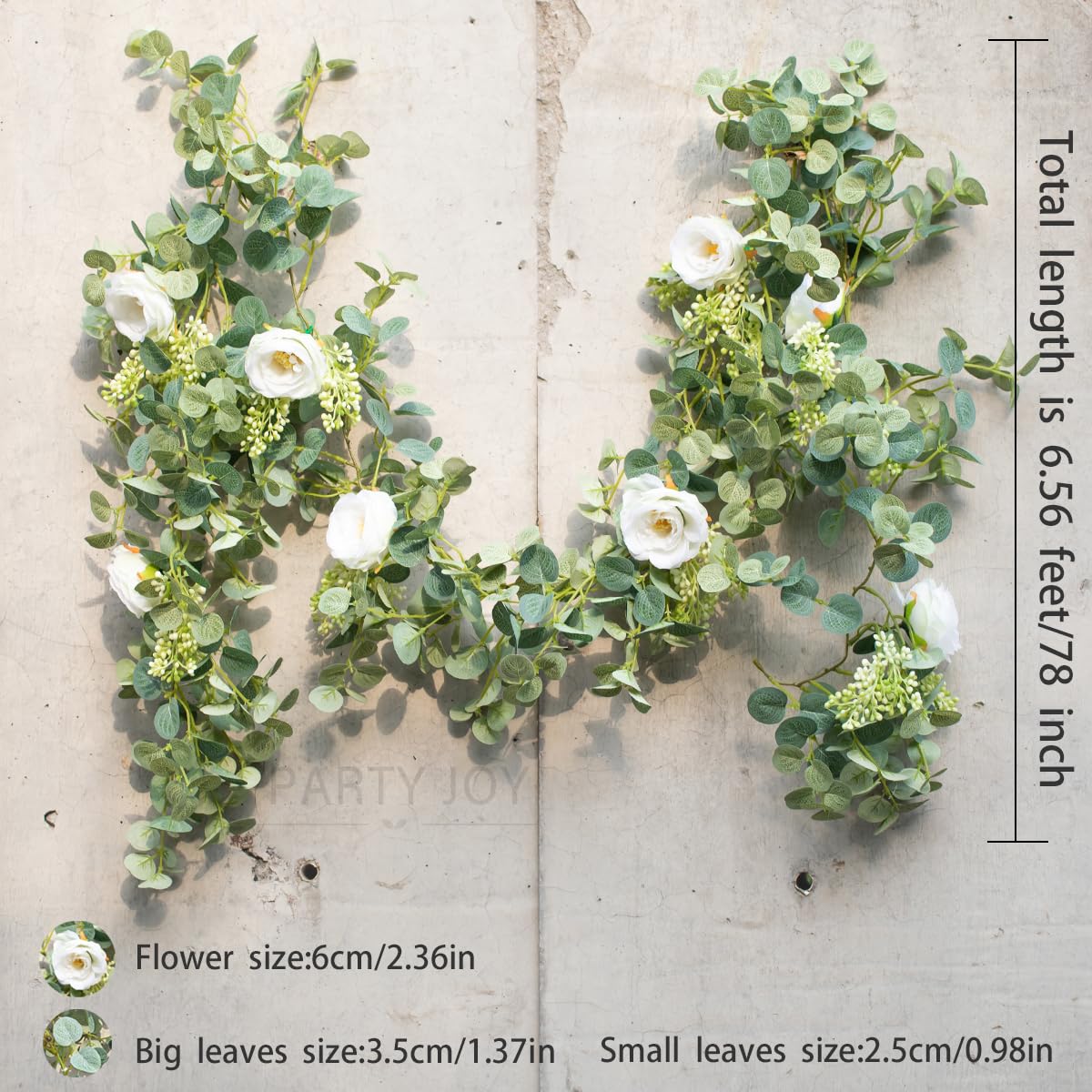 Party Joy eucalyptus garland full leaves enhances decorative entrances.