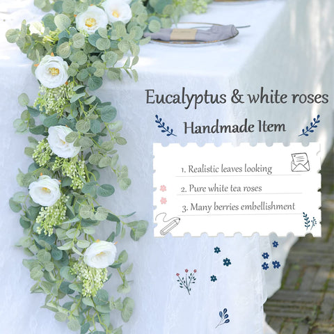 Party Joy eucalyptus garland small and large leaves create depth.