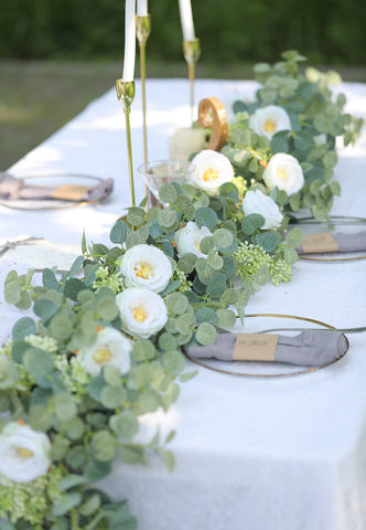 Party Joy eucalyptus garland as a table centerpiece accent.