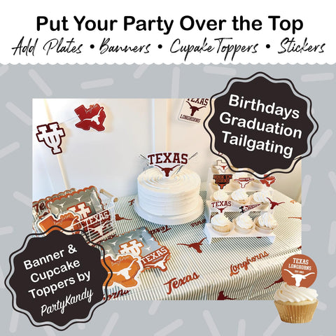 PartyKandy UT Longhorns banner and toppers for instant atmosphere.