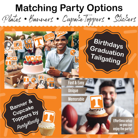 PartyKandy UT Vols banner and toppers create instant focal points at celebrations