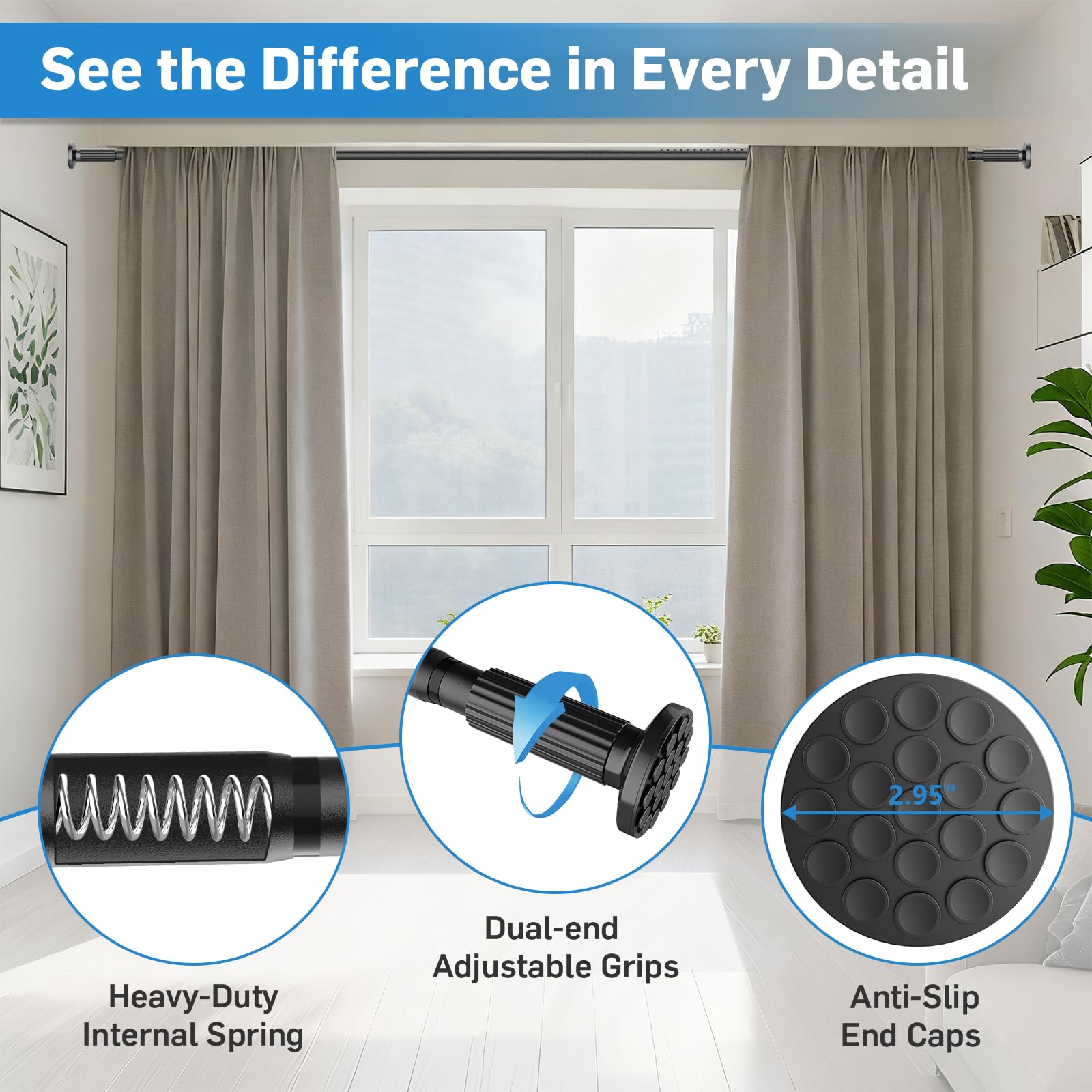 Parutta tension curtain rod no-drill setup with tool-free installation.