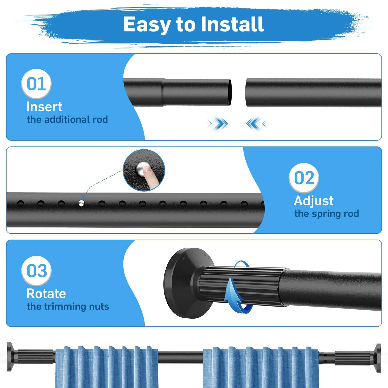Parutta tension curtain rod rust-proof construction for durable use.
