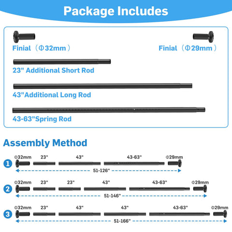 Parutta tension curtain rod includes sections for easy mounting.