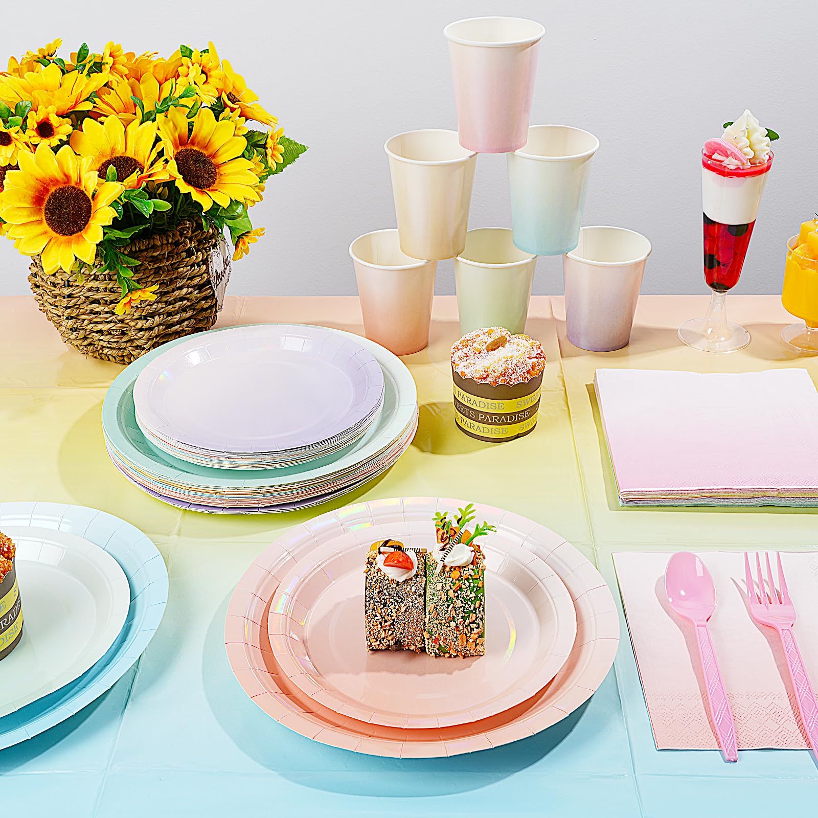 Pascliyna iridescent pastel cups for beverages at gatherings.