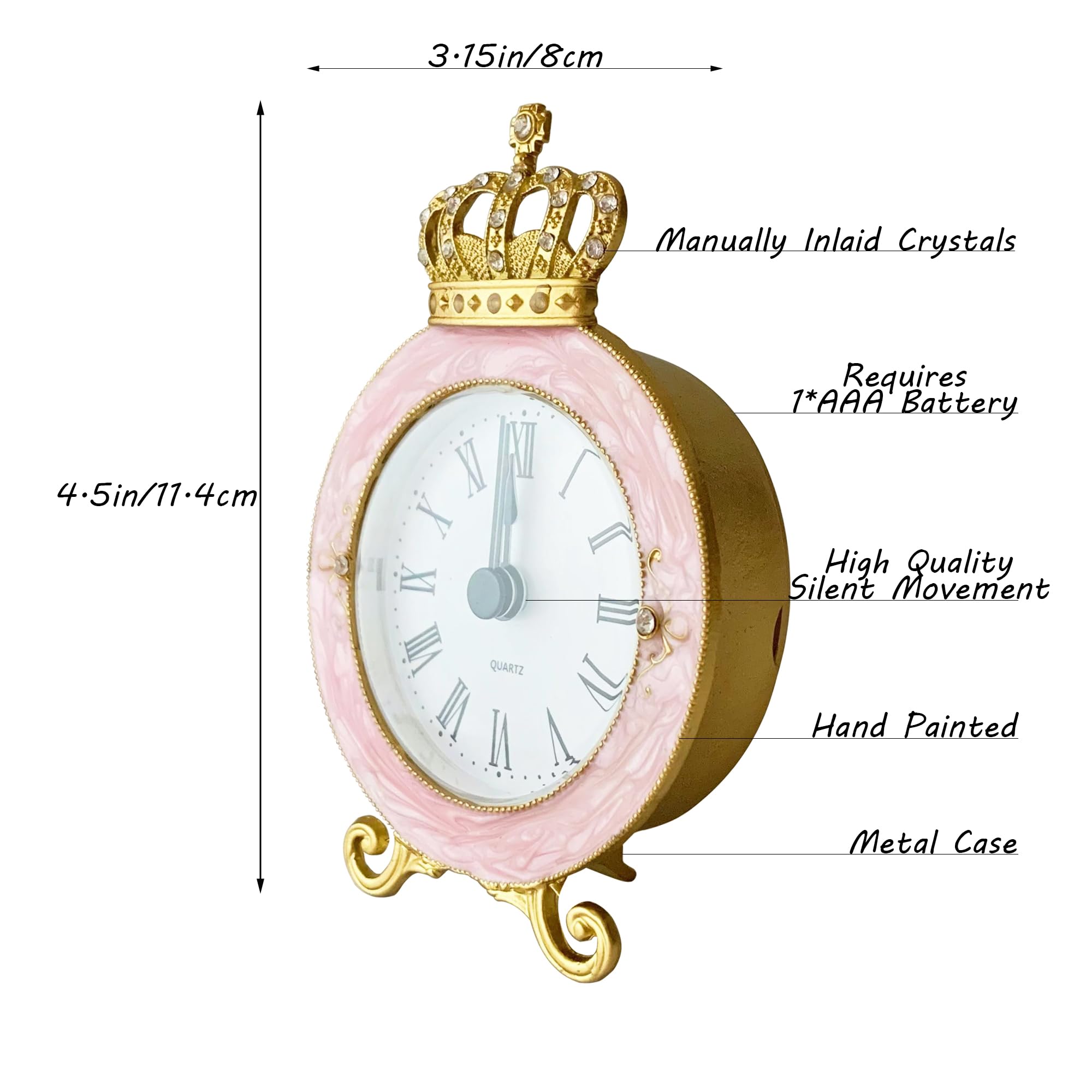 Pasiir Vintage Mini Clock featuring hand-painted metal body and crystal accents for vintage charm