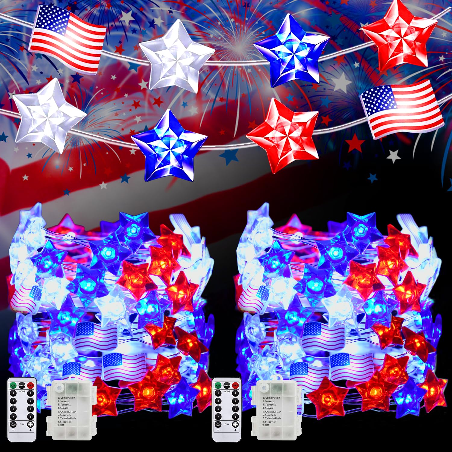 PASUTO 2-pcs 100-LED flag and star lights for patriotic decor.