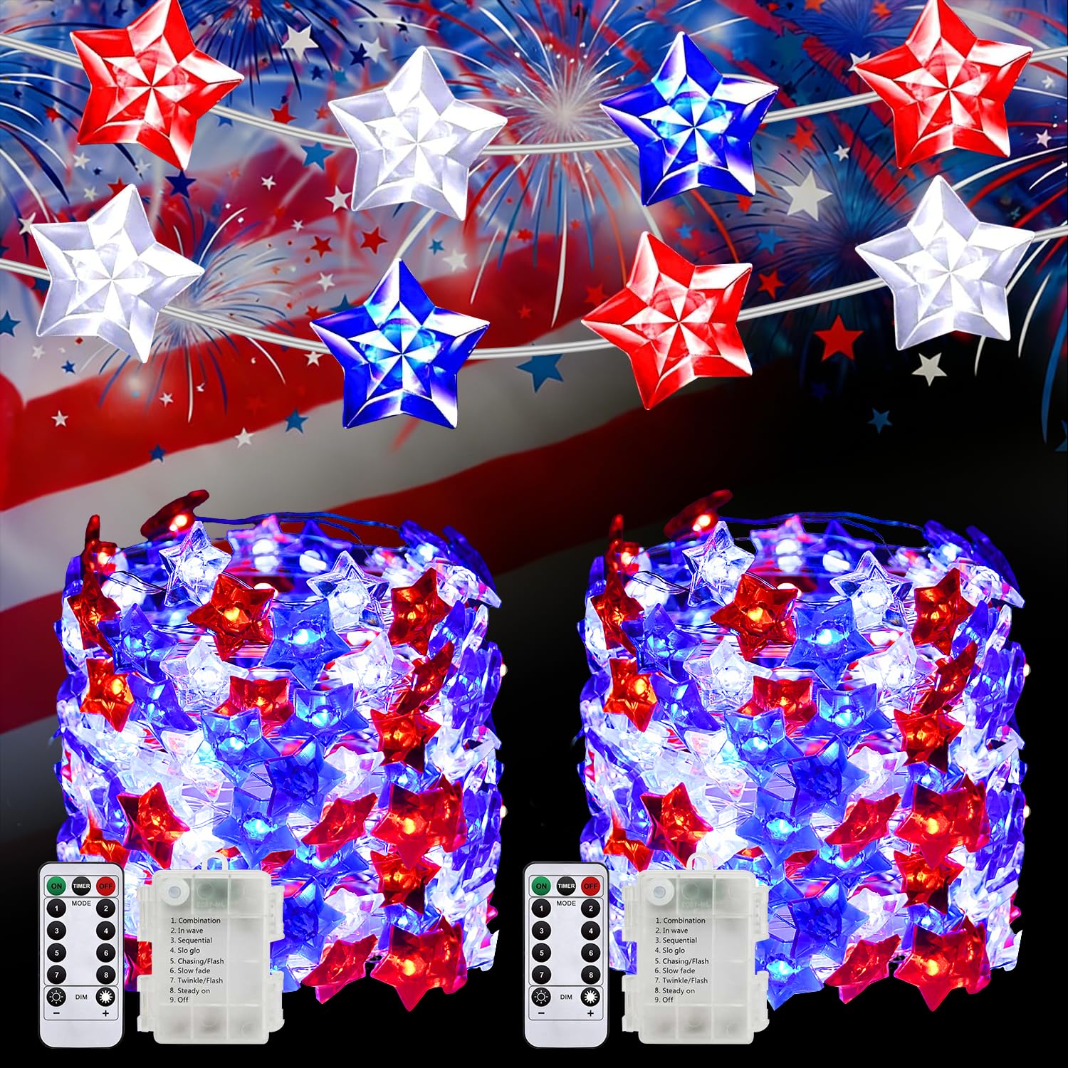 Pasuto red, white and blue star fairy lights create a 34-foot patriotic display indoors or outdoors.