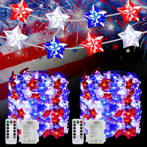 Pasuto red, white and blue star fairy lights create a 34-foot patriotic display indoors or outdoors.