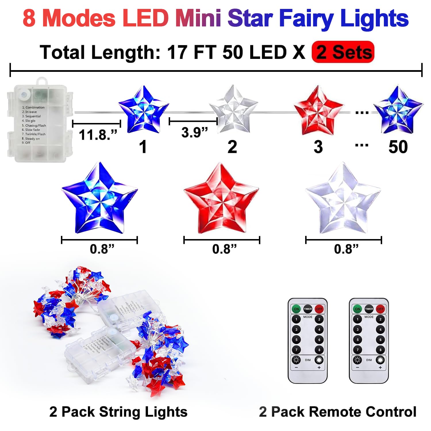 Pasuto battery-powered stars with remote provide eight lighting modes for versatile ambiance.