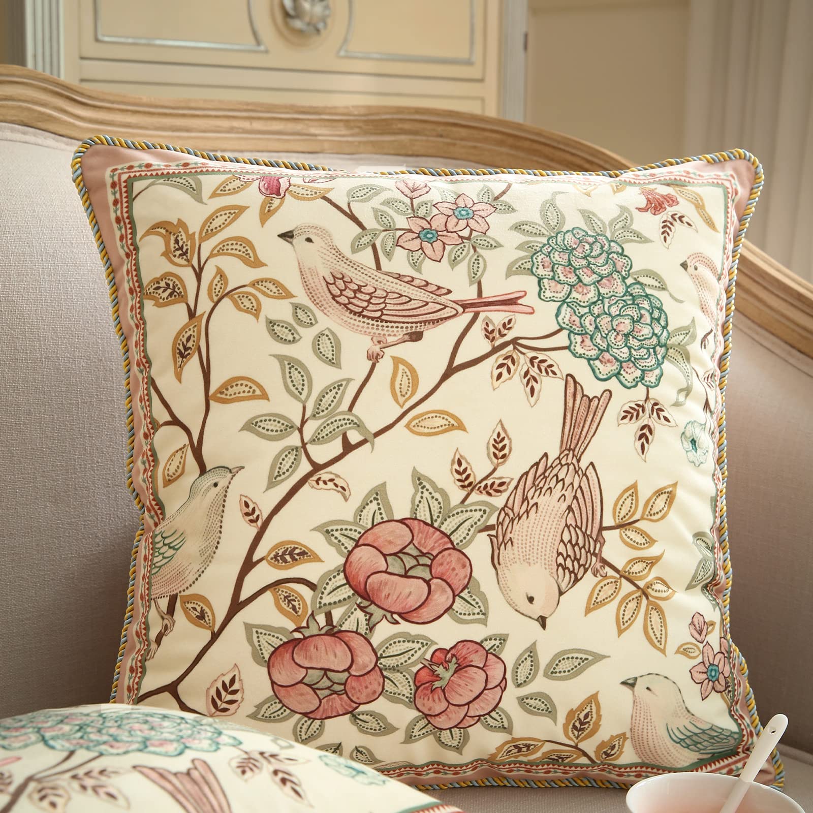 Patdrea Velvet Euro Sham pink floral bird—hand-painted pattern for living room charm.