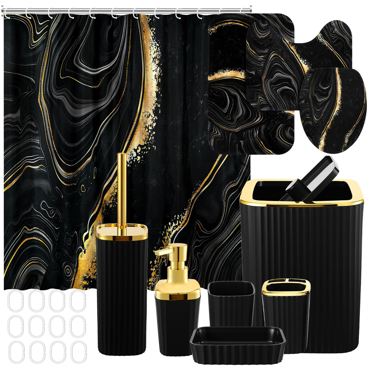 Patelai black marble shower curtain with 12 hooks for a tidy bath setup