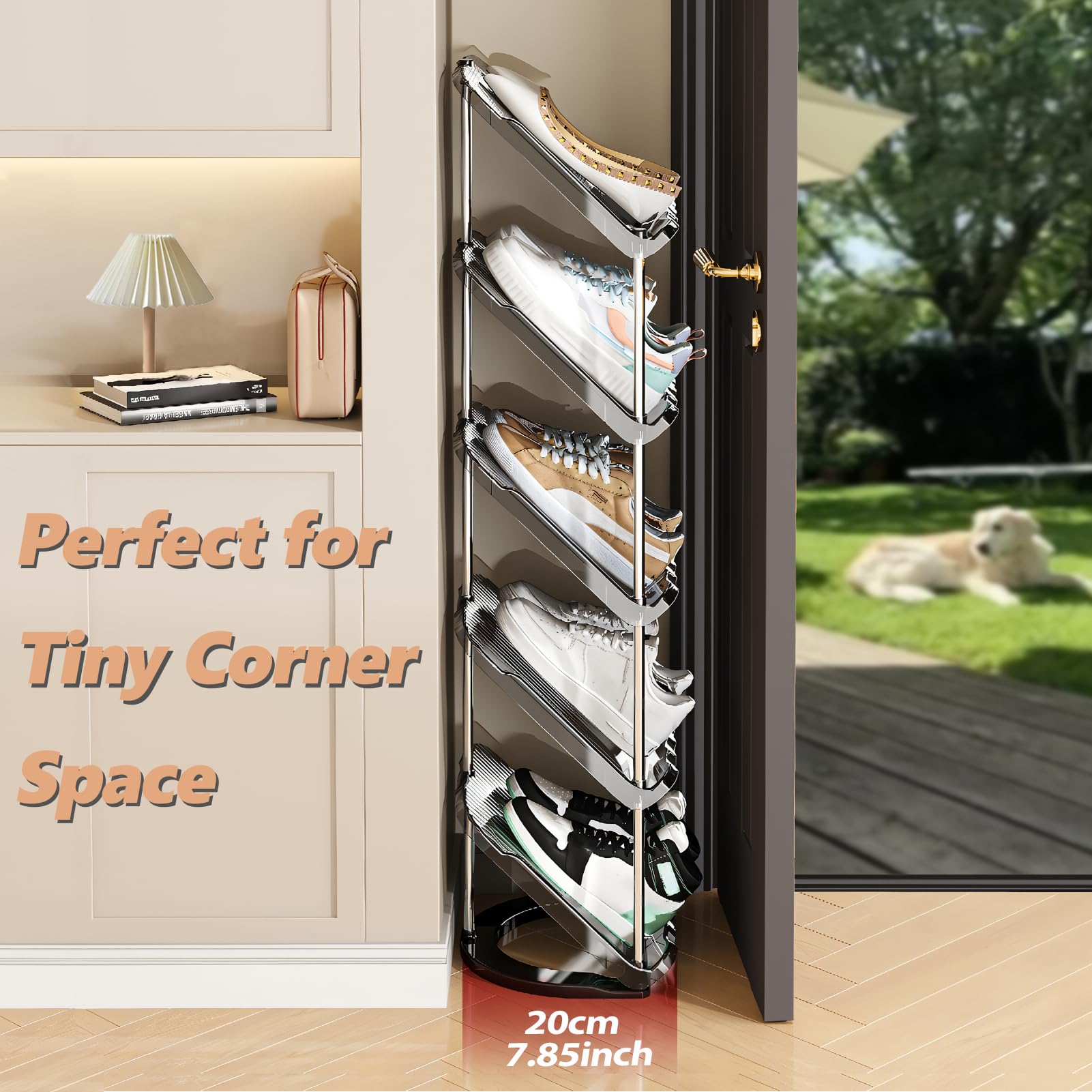 Patinao sloping narrow shoe rack bottom angle reveals sturdy materials.