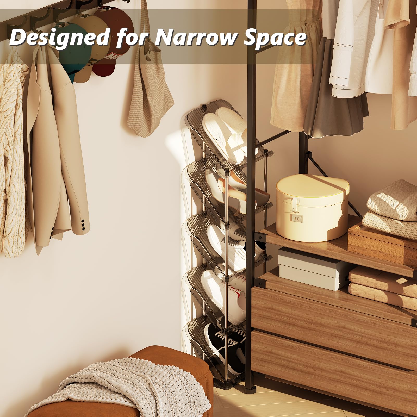 Patinao sloping narrow shoe rack side view highlights compact storage for shoes.