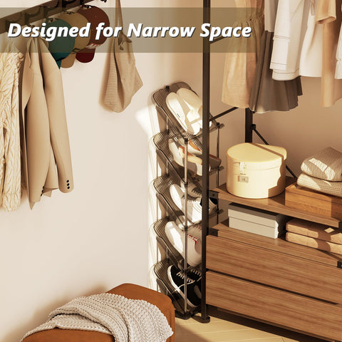 Patinao sloping narrow shoe rack side view highlights compact storage for shoes.
