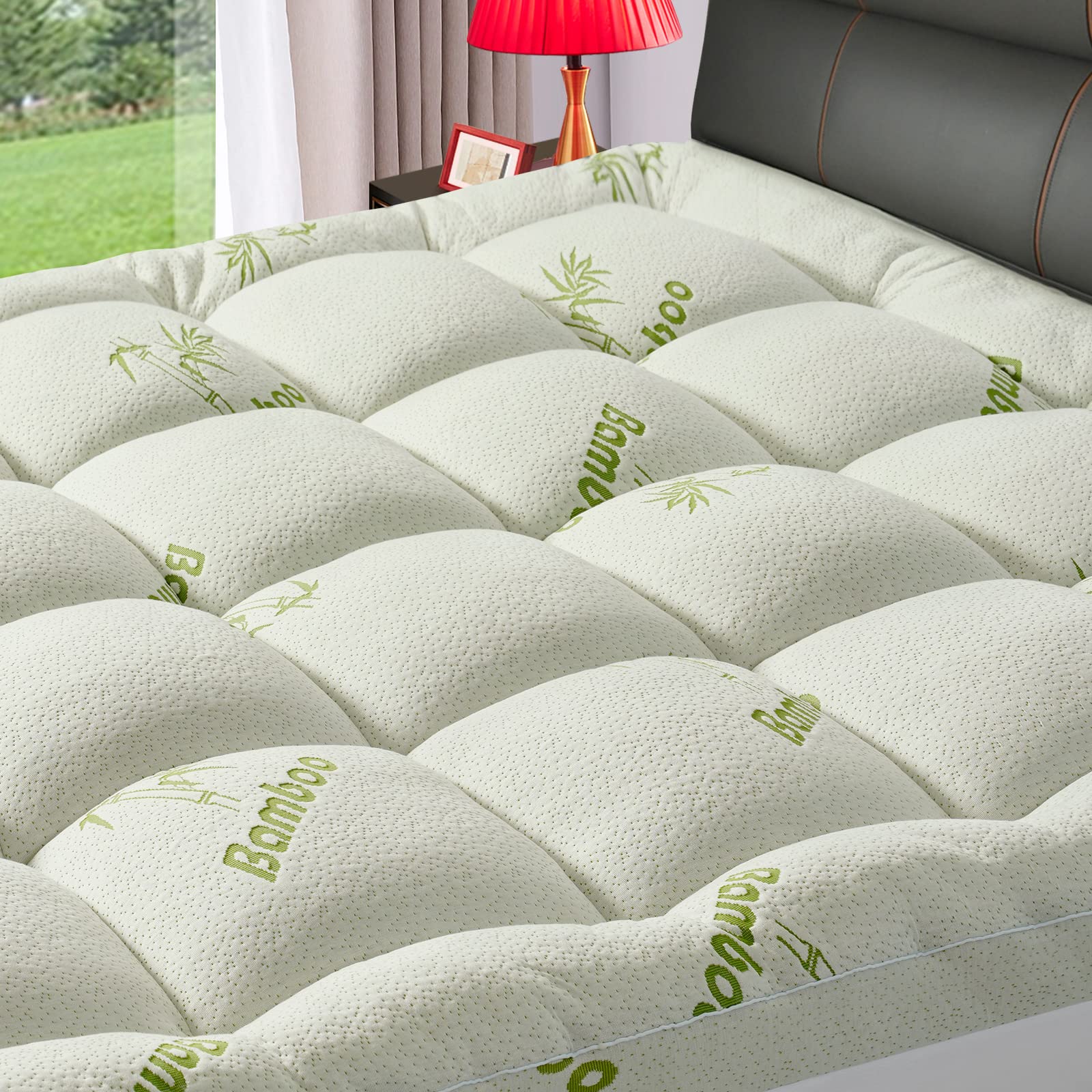 PATSBA Premium Bamboo Mattress Topper top view highlights plush comfort and mattress protection.