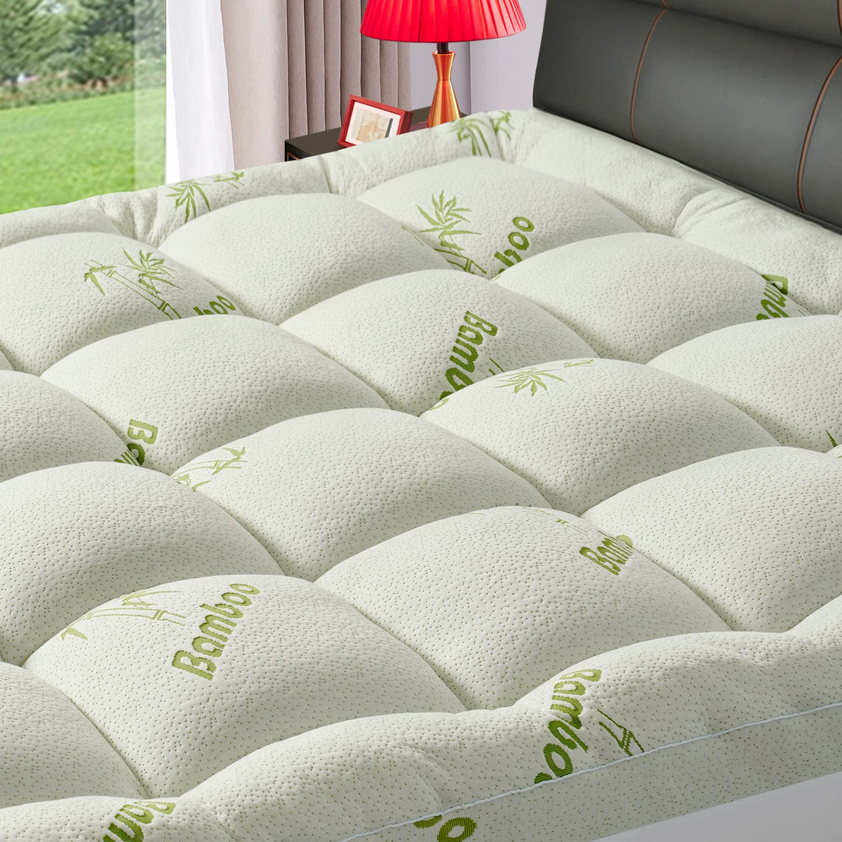PATSBA Premium Bamboo Mattress Topper top view highlights plush comfort and mattress protection.