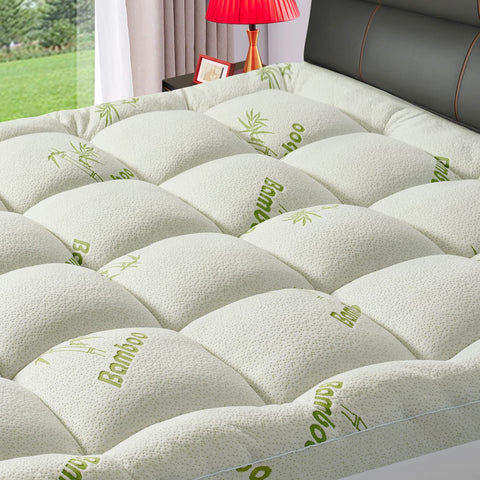 PATSBA Premium Bamboo Mattress Topper top view highlights plush comfort and mattress protection.
