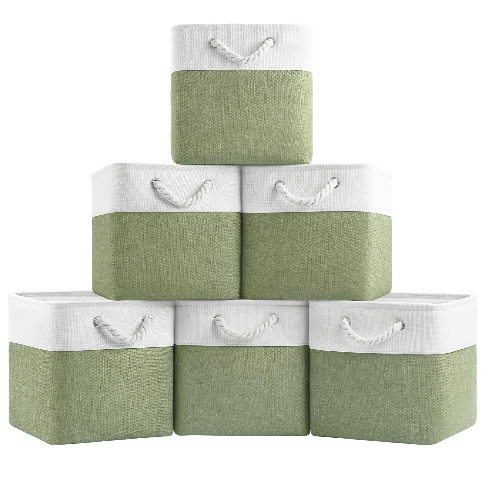 Patvingot 11-inch cube bin in white and green stacked neatly in a closet for organization
