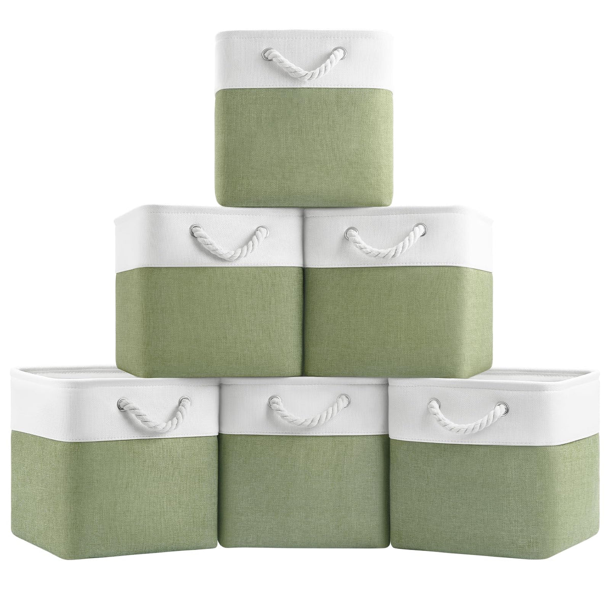 Patvingot 11-inch cube bin in white and green stacked neatly in a closet for organization