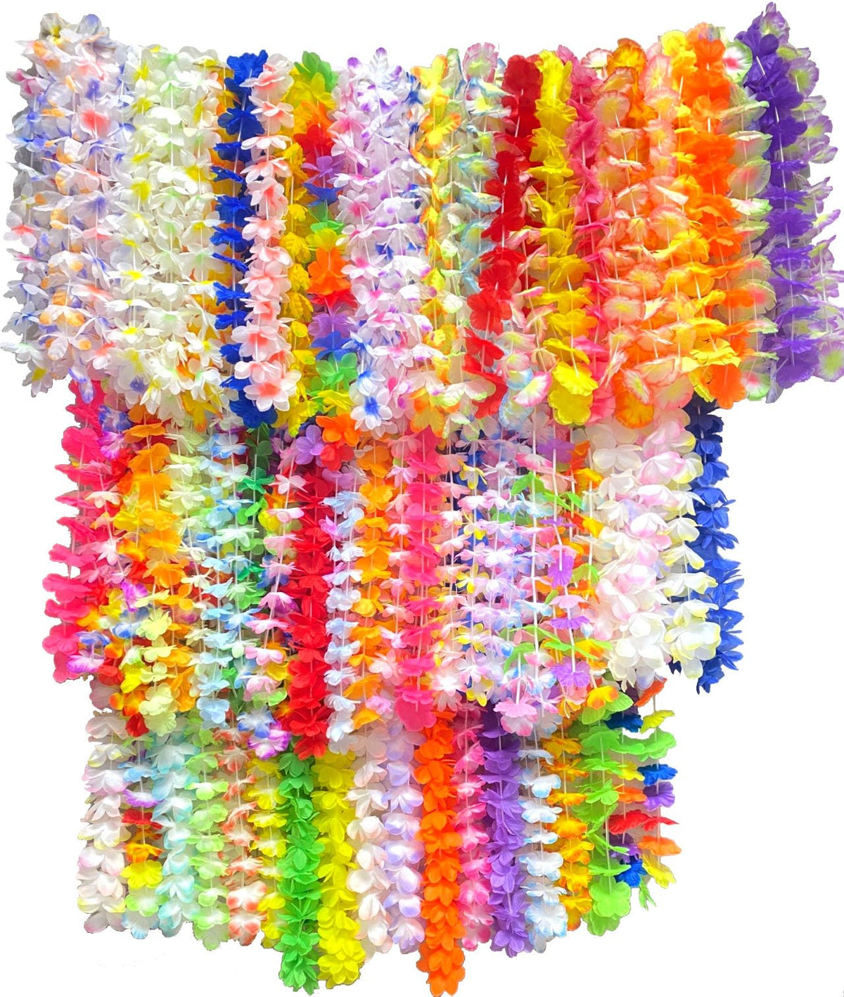 Patyflow Hawaiian leis in vibrant colors for beach party decor and festive photos.