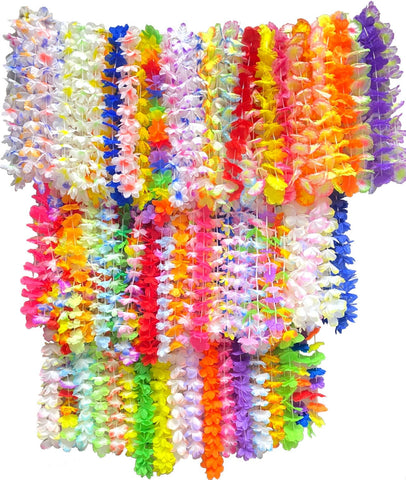 Patyflow Hawaiian leis in vibrant colors for beach party decor and festive photos.