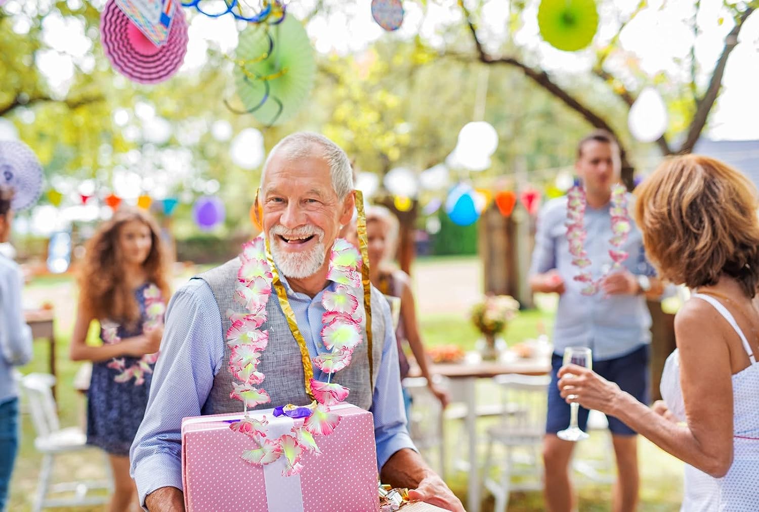 Patyflow bright tropical leis create island ambiance for photos and gatherings.