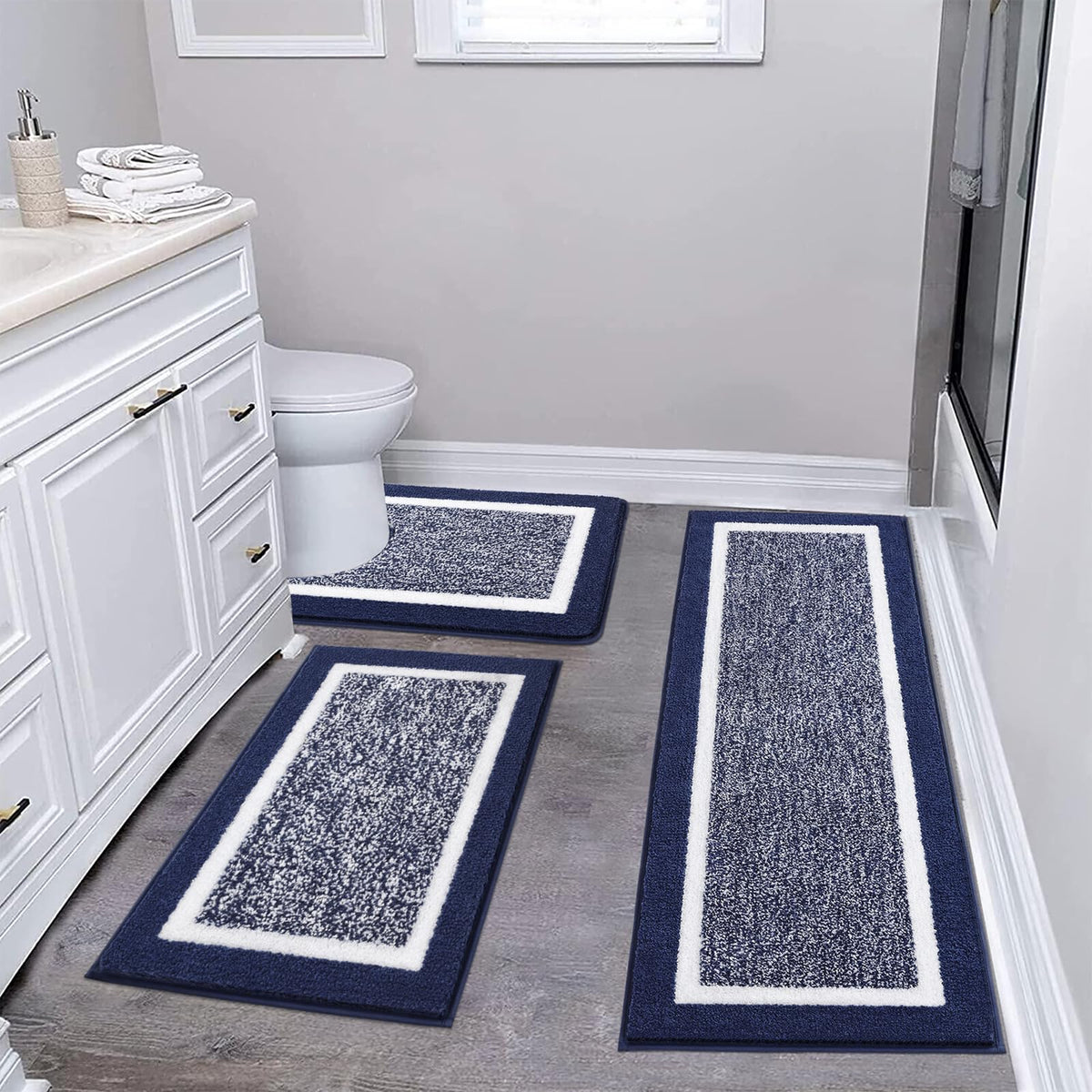Pauwer 3-piece navy bath mat set main view shows plush, non-slip surface for everyday use