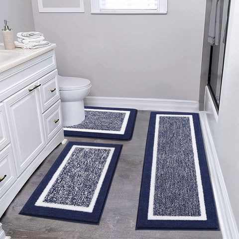 Pauwer 3-piece navy bath mat set main view shows plush, non-slip surface for everyday use