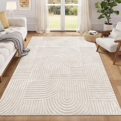 Pauwer 5x7 beige rug with soft fibers for barefoot-friendly living room comfort.