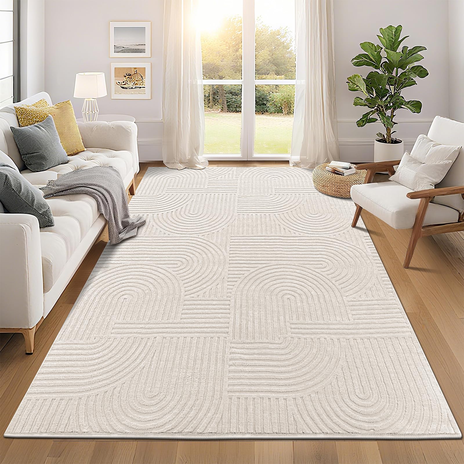 Pauwer 6x9 living room rug in beige offers soft comfort on wood floors.