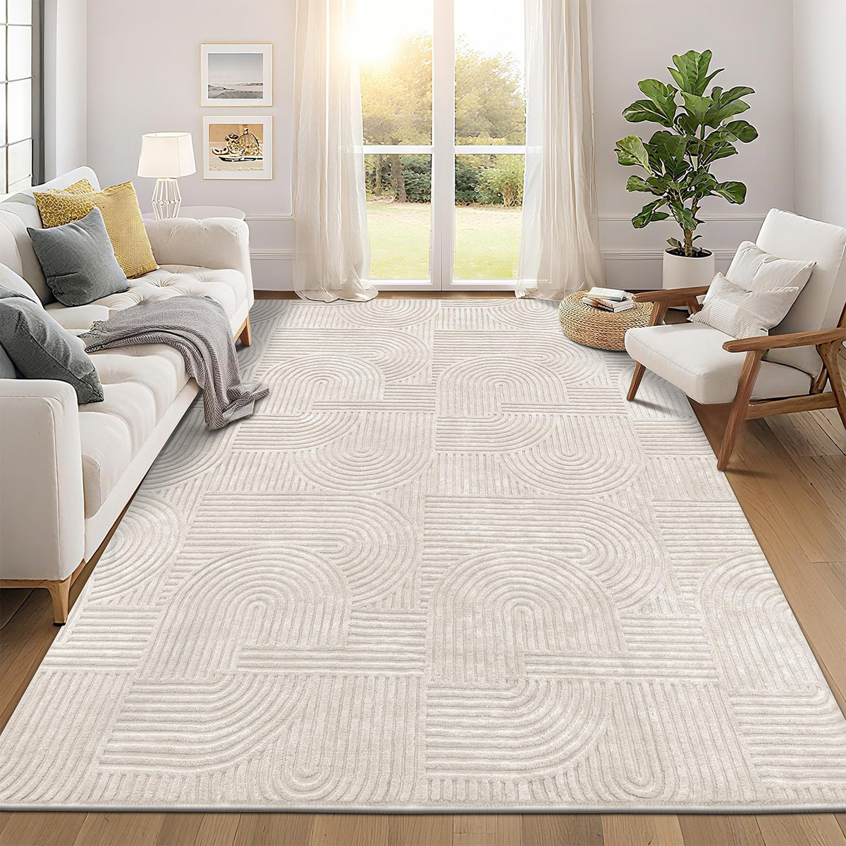 Pauwer 8x10 washable area rug in beige with soft, low-pile texture for living rooms.