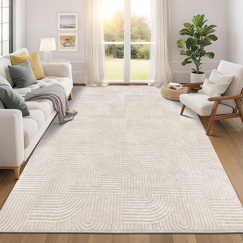 Pauwer 8x10 washable area rug in beige with soft, low-pile texture for living rooms.
