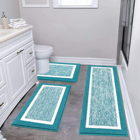 Pauwer aqua blue bath mat set showcases plush comfort for daily routines.