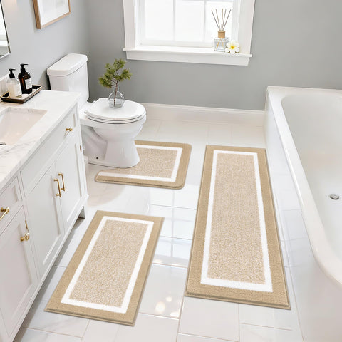 Pauwer 3-piece rug set in beige offers ultra-soft microfiber for cozy feet.