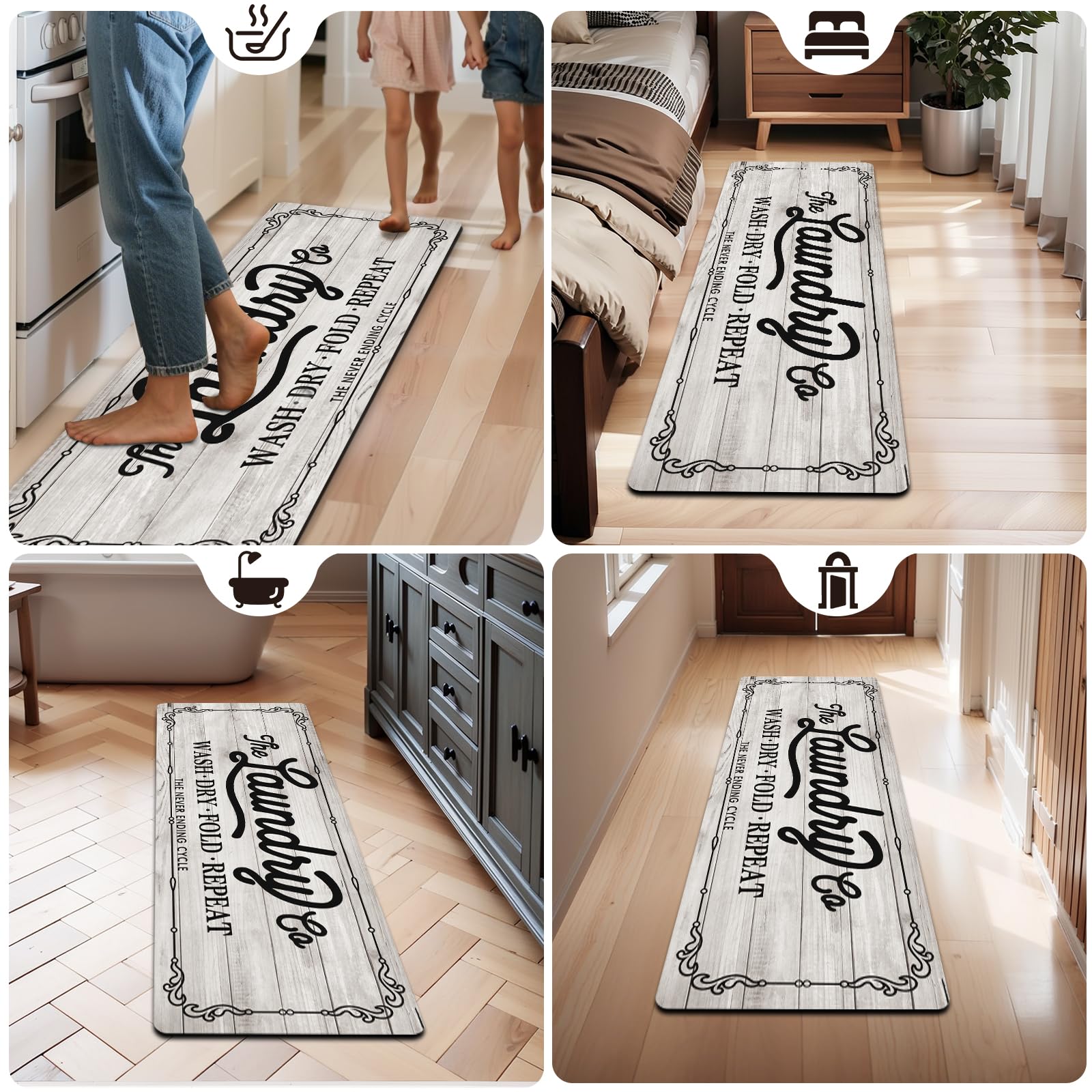 Pauwer farmhouse mudroom bathroom rug complements farmhouse decor.