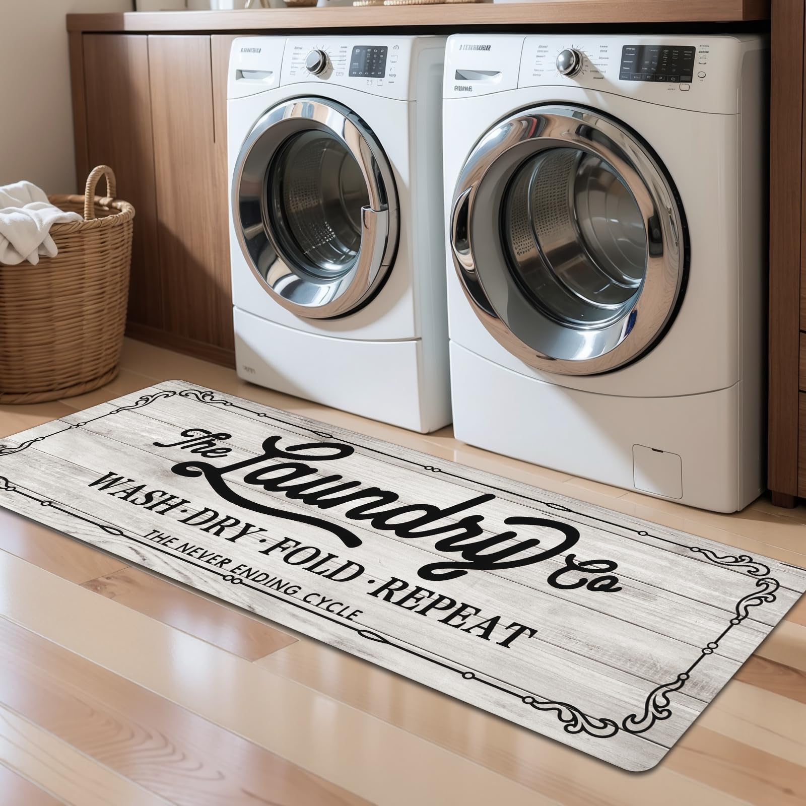 Pauwer laundry room rug 20x60 covering washer and dryer area, stylish.