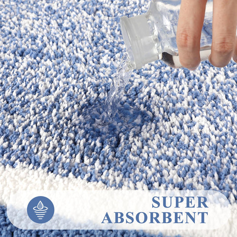 Pauwer U-shaped toilet rug in blue completes a coordinated bathroom look