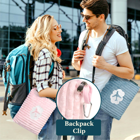 PAVILIA blanket with luggage strap secures to luggage for easy travel.