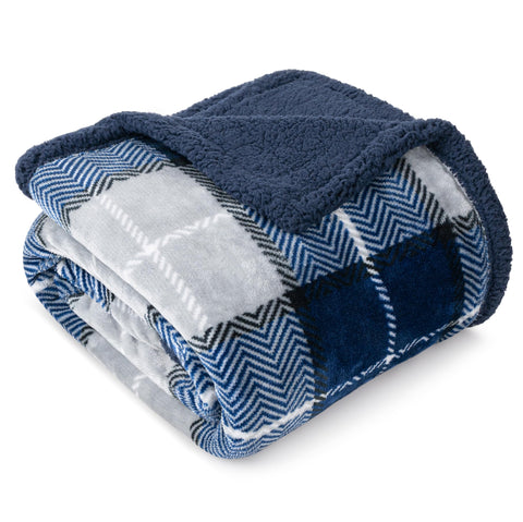 PAVILIA Blue Navy Plaid Sherpa Blanket for sofa, with plush warmth.