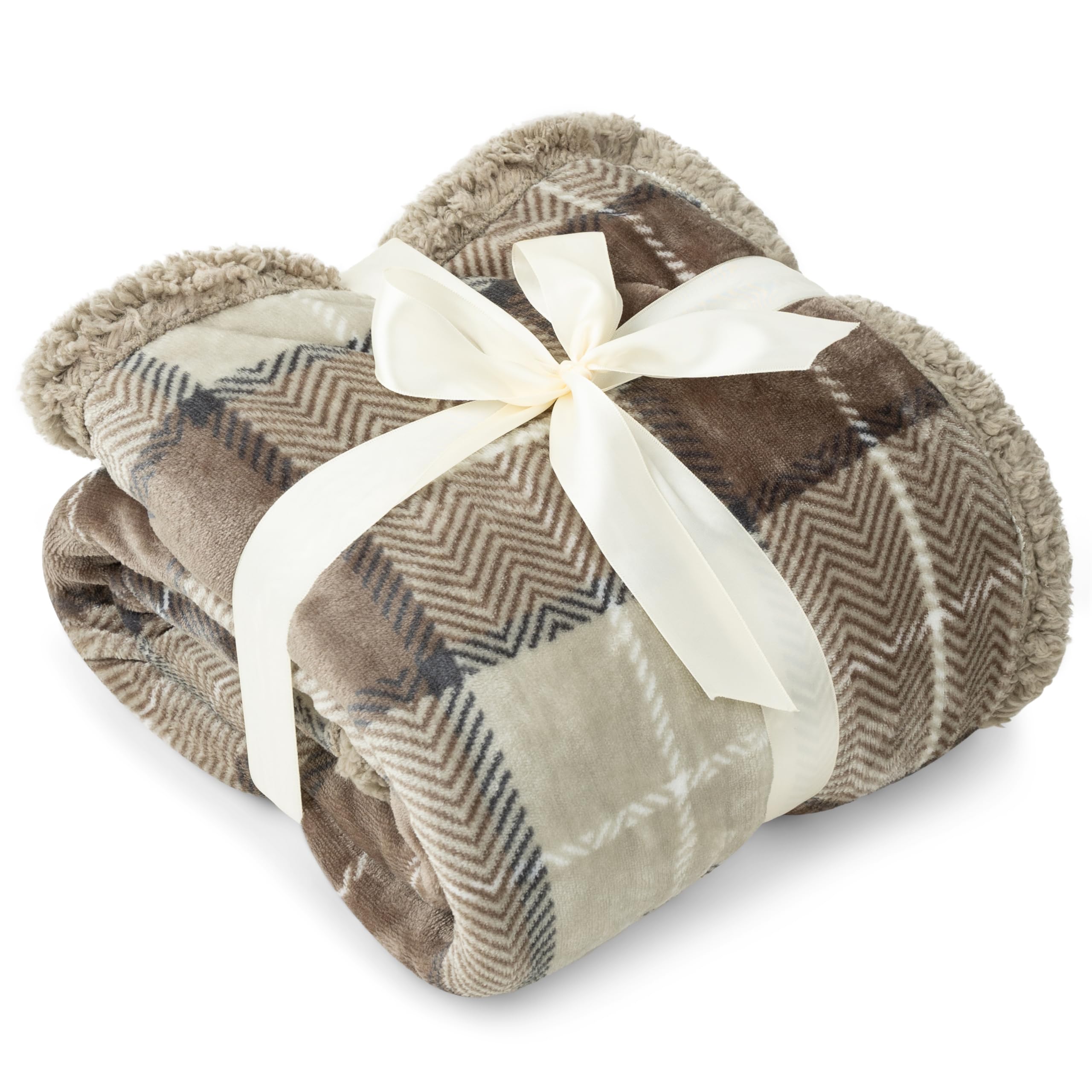 PAVILIA taupe plaid blanket for couch or bed comfort.