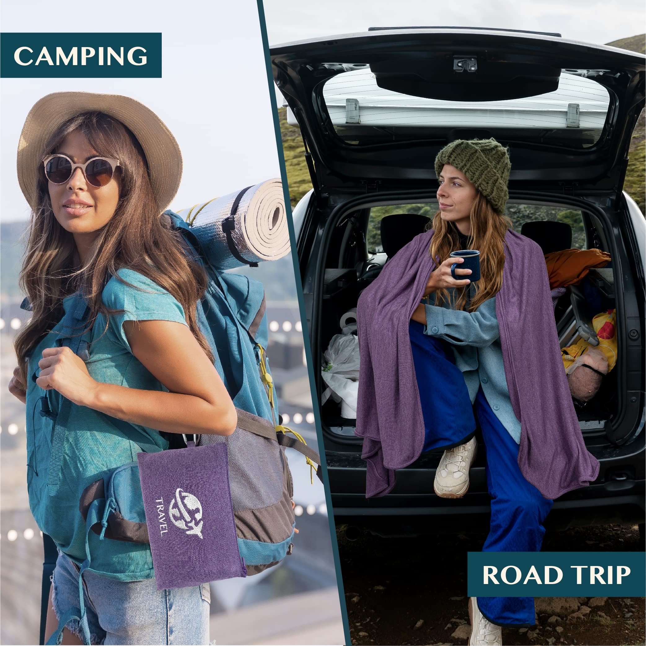 PAVILIA blanket secured to luggage with sleeve strap and clip.