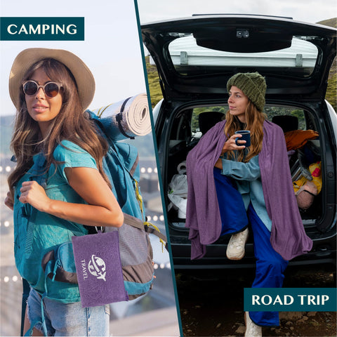 PAVILIA blanket secured to luggage with sleeve strap and clip.