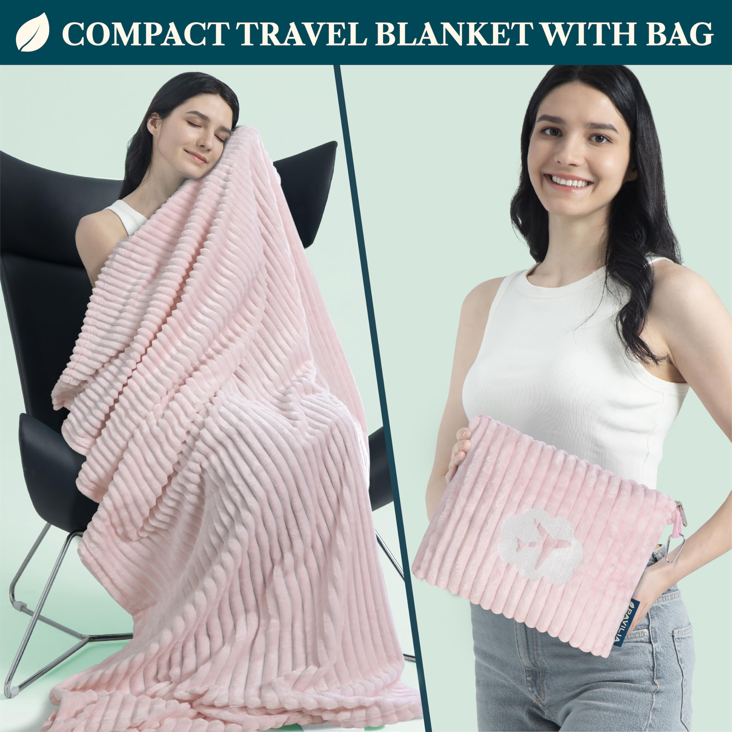 PAVILIA plane blanket folded into pillowcase offers neck support during flights.