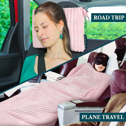PAVILIA plane blanket doubles as neck pillow and hand warmer.